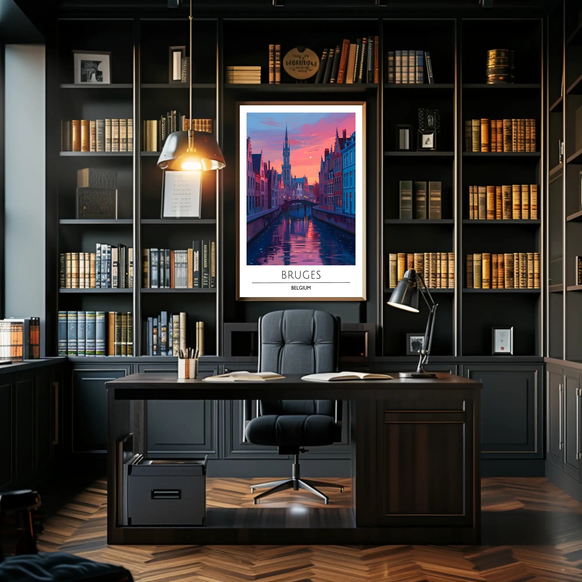 Scenic Bruges Canal Sunset Travel Poster