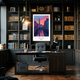 Scenic Bruges Canal Sunset Travel Poster