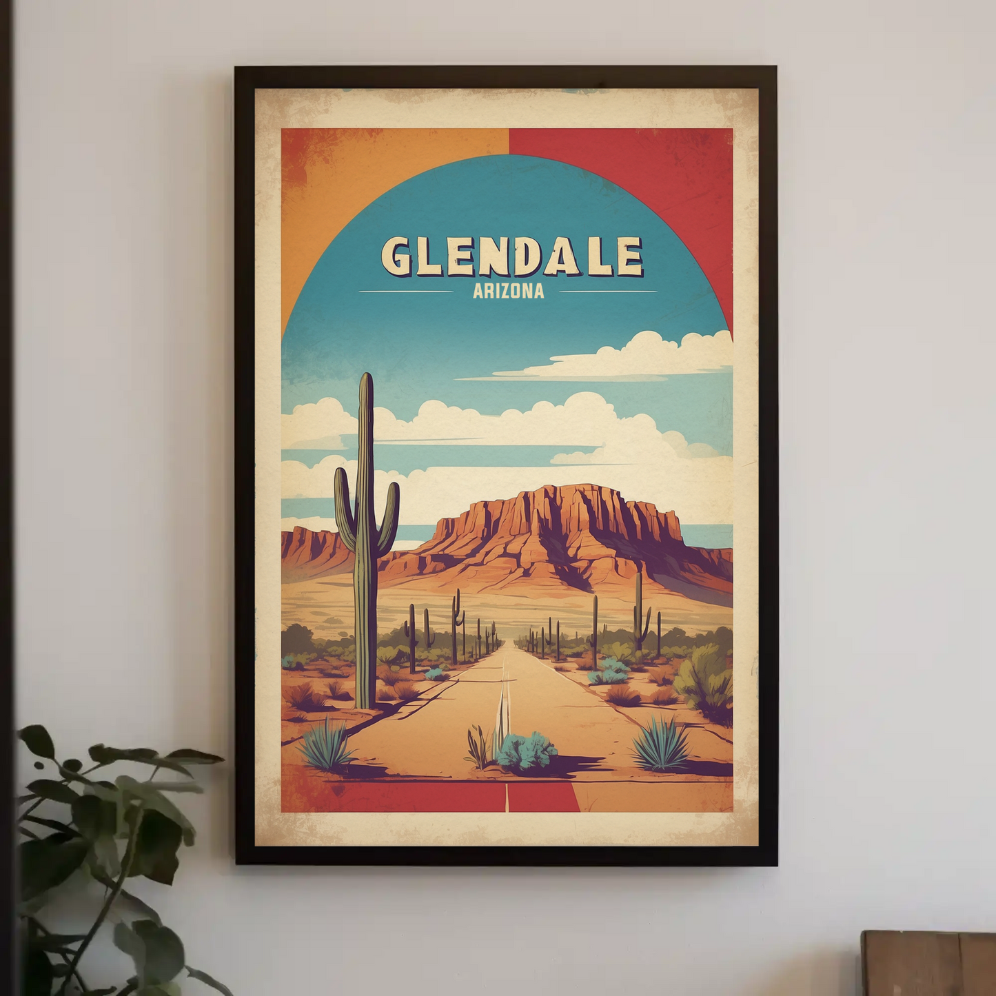 Glendale Arizona Cactus Roadscape Mesa Vintage Travel Poster