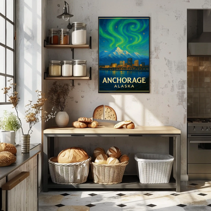 Anchorage Alaska Aurora Mountains Night Vintage Travel Poster