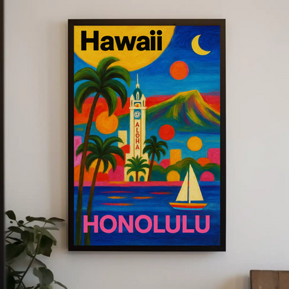 Honolulu Hawaii Skyline Retro Vintage Travel Poster