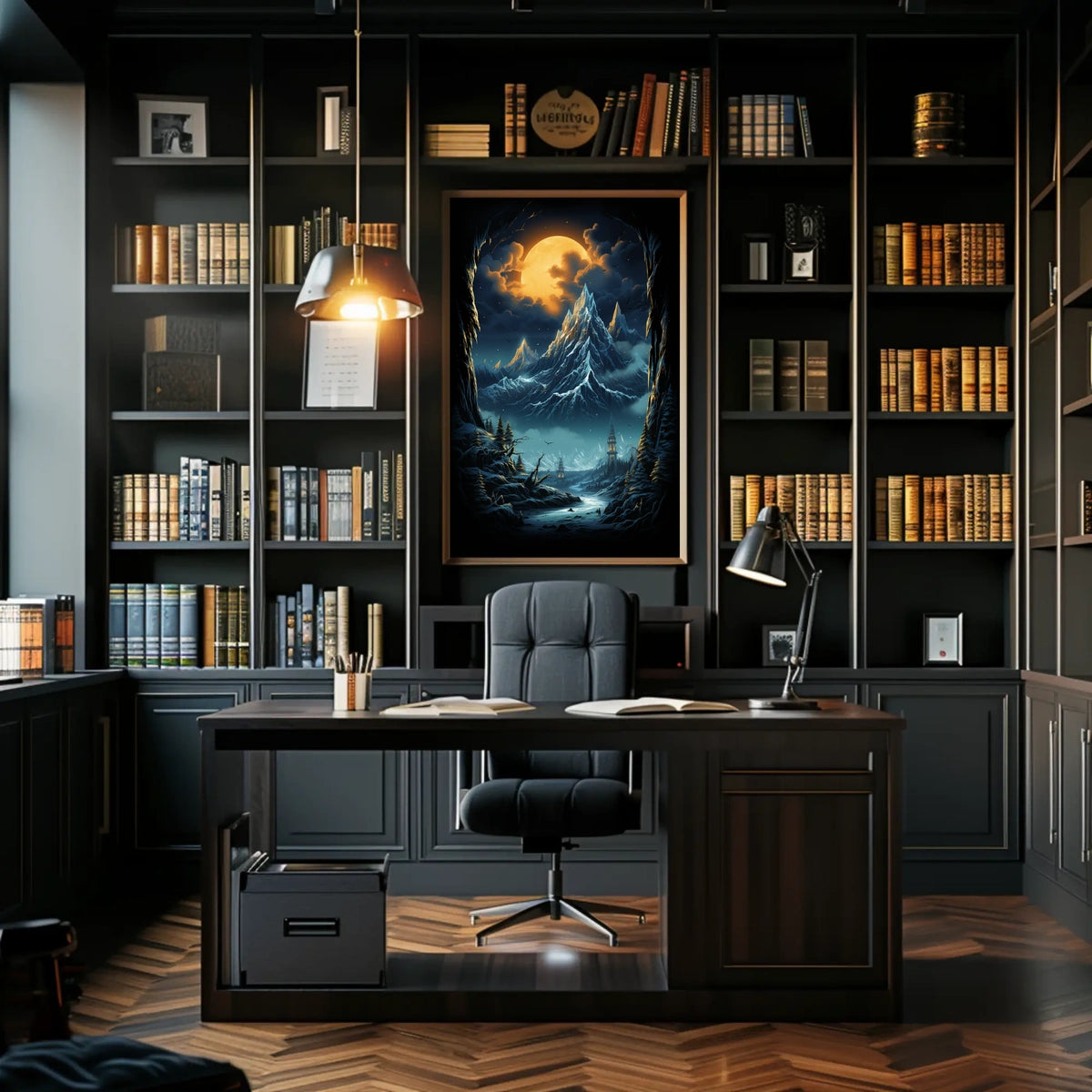 Fantastical Full Moon Mountain Landscape Futuristic Sci-Fi Poster