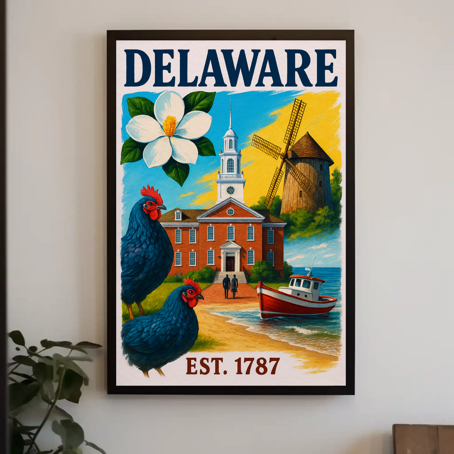 Delaware 1787 Poster With Windmill And Chickens Vintage Travel Poster