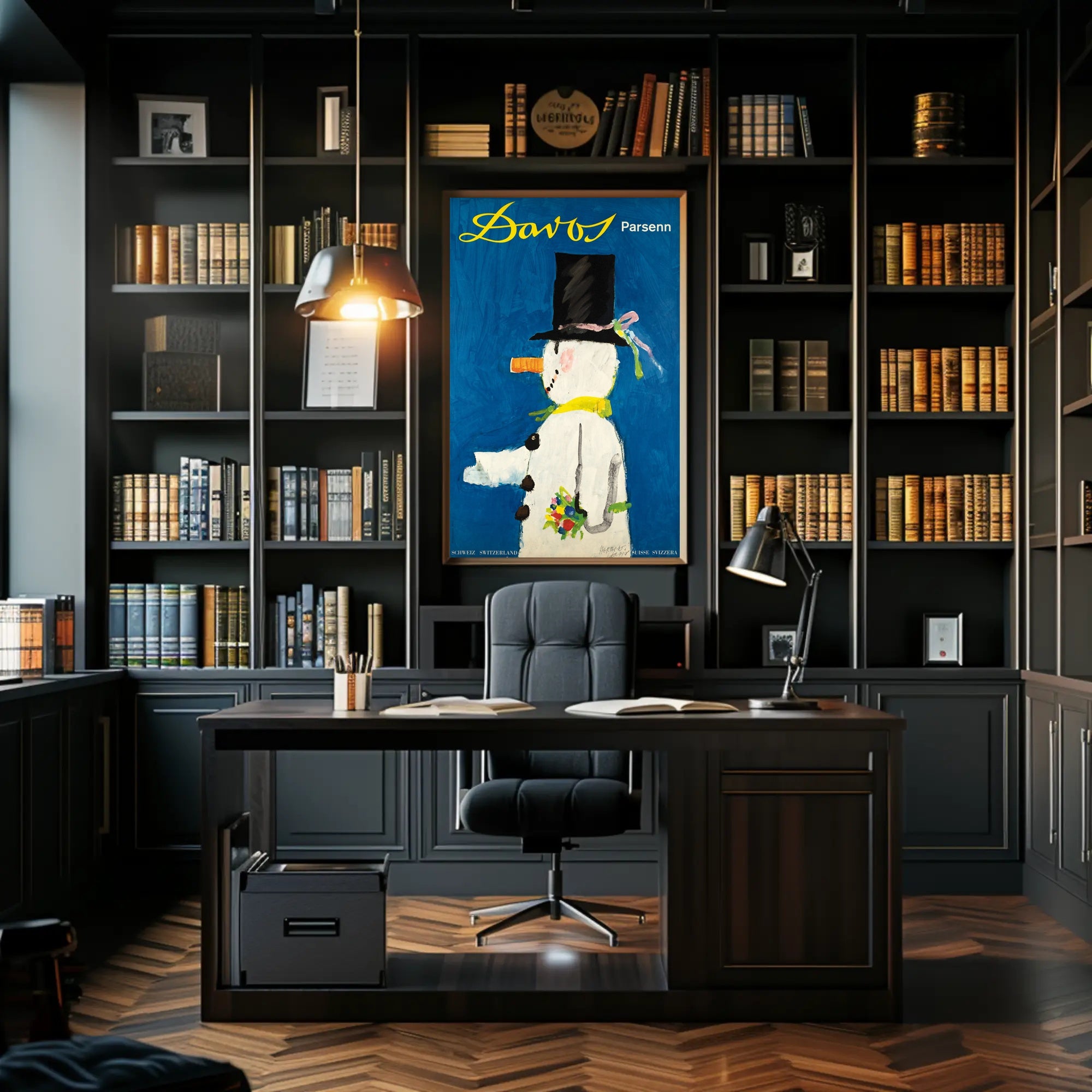 Whimsical Snowman Switzerland Travel Poster PosterGoat