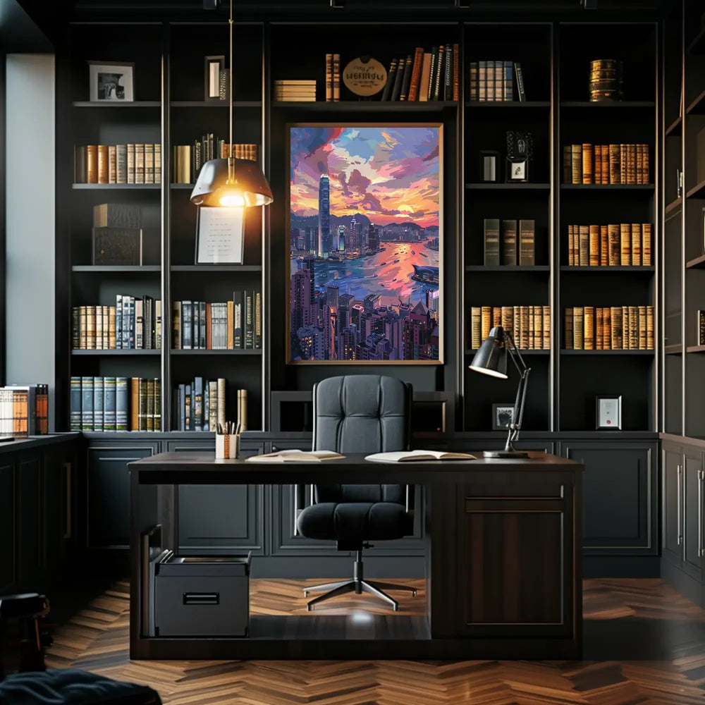 Hong Kong Sunset Cityscape Modern Art Poster