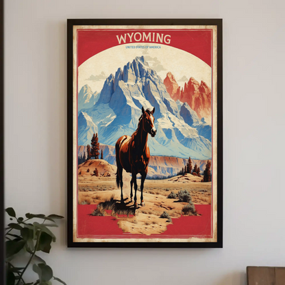 Wyoming Horse Wilderness Mountains Western Vintage Travel Poster