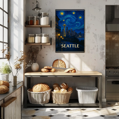 Seattle Space Needle Starry Night Skyline Glow Travel Poster