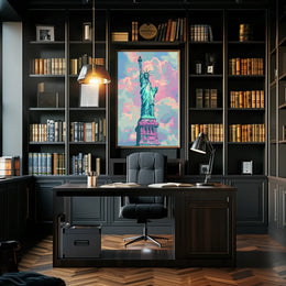 The poster features an artistic depiction of the Statue of Liberty, a symbol Travel Poster
