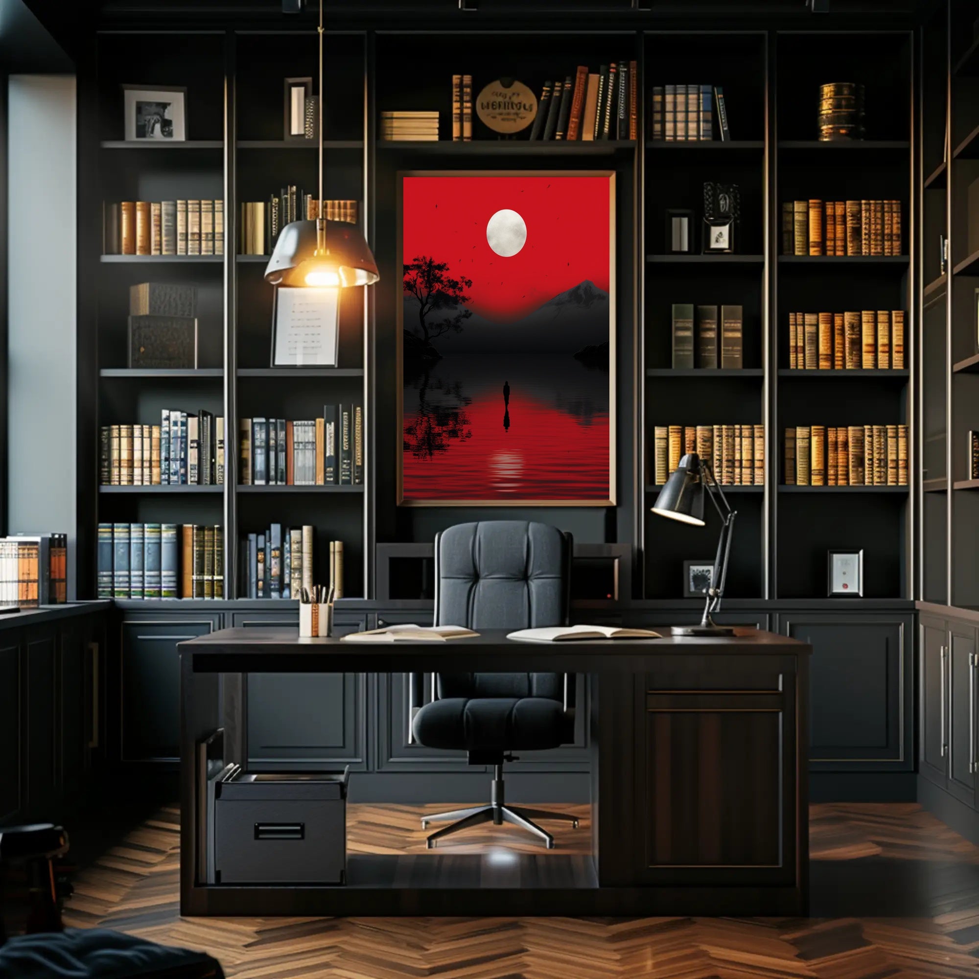 Solitary Reflection Under A Crimson Sky Poster