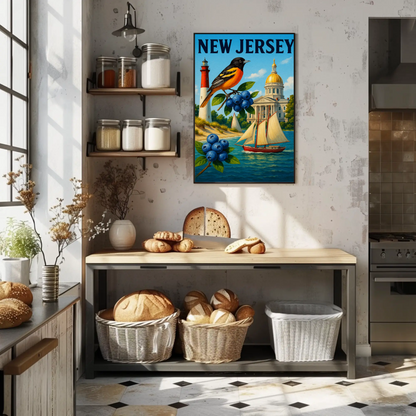 New Jersey State Symbols Blueberries Sailboat Bird Travel Poster Travel Poster