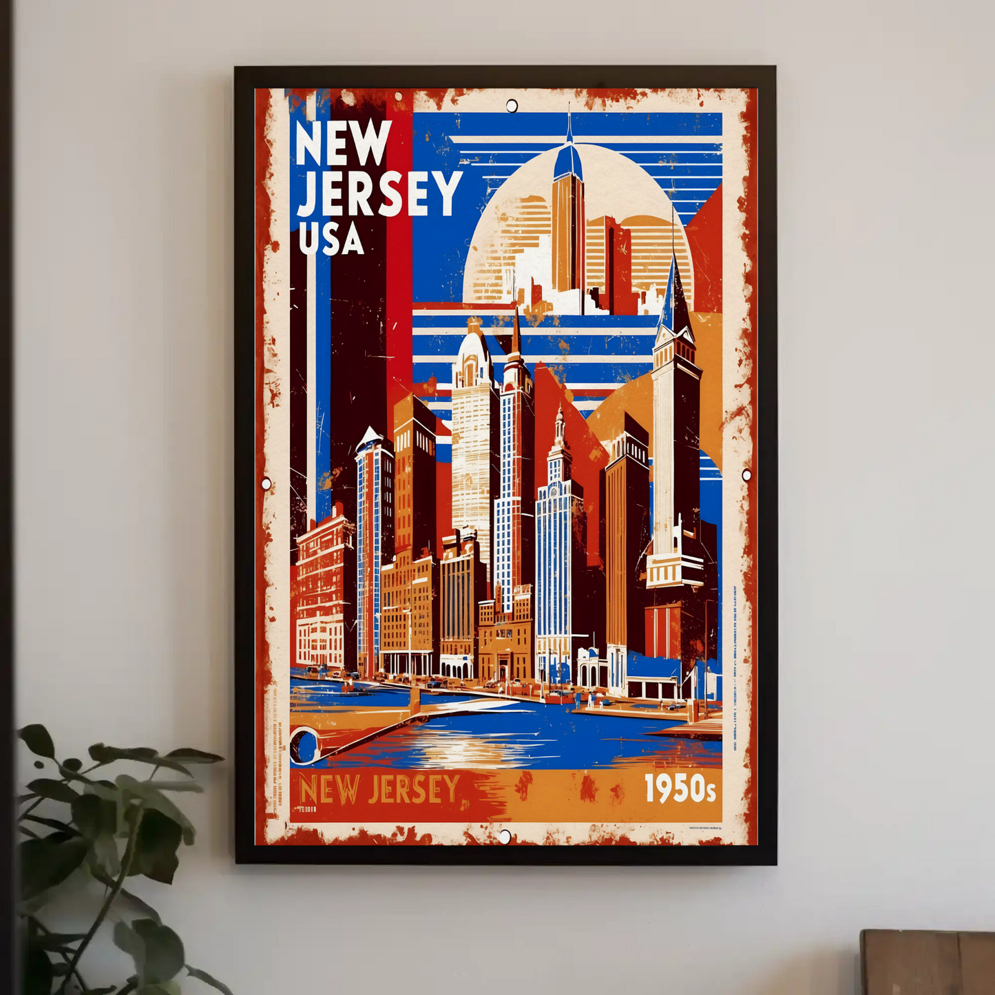 New Jersey USA 1950s Waterfront Skyline Vintage Travel Poster