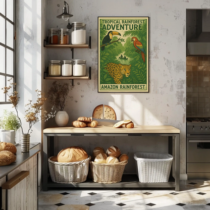 Amazon Rainforest Jaguar Parrots River Poster Poster