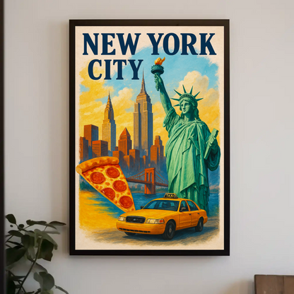 New York City Pizza Taxi Skyline Vintage Travel Poster
