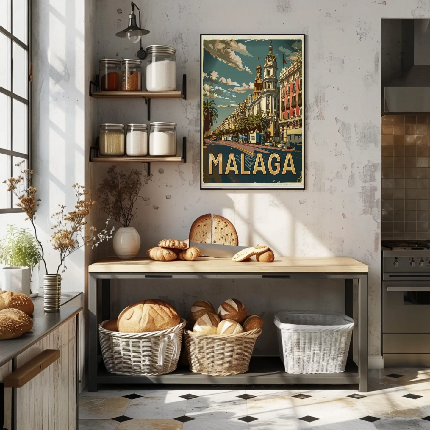 Malaga Urban Cityscape with Palm-Lined Boulevard Travel Poster