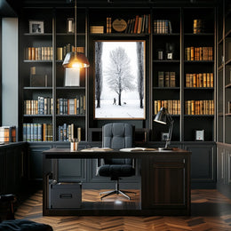 Winter Serenity: Dog Walker in Snowy Landscape