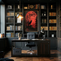 Wolf Howling Under Red Moon Fantasy Poster PosterGoat