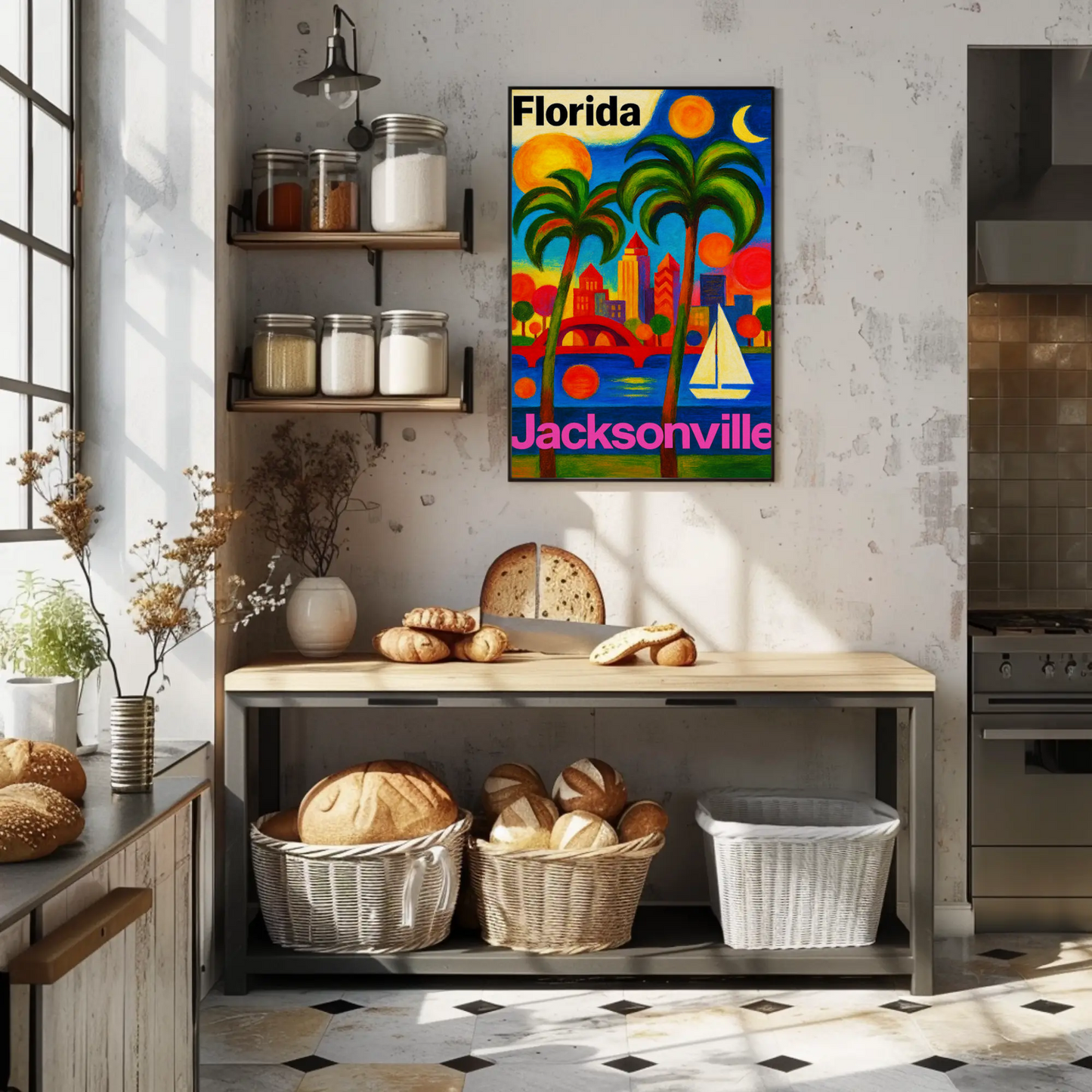 Jacksonville Florida Vibrant Skyline With Sailboat Travel Poster