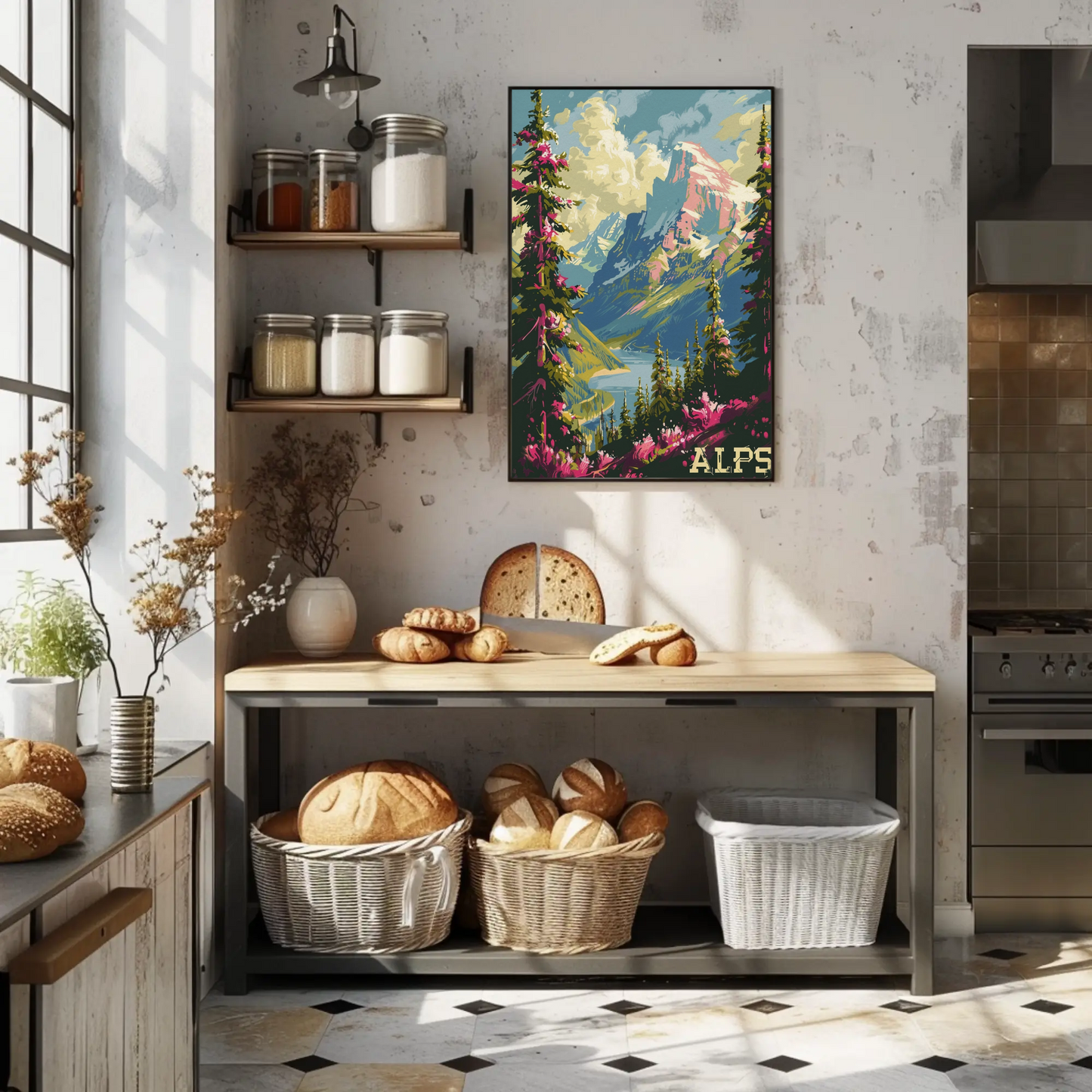 Alps Pink Flowers Lake Valley Peaks Travel Poster