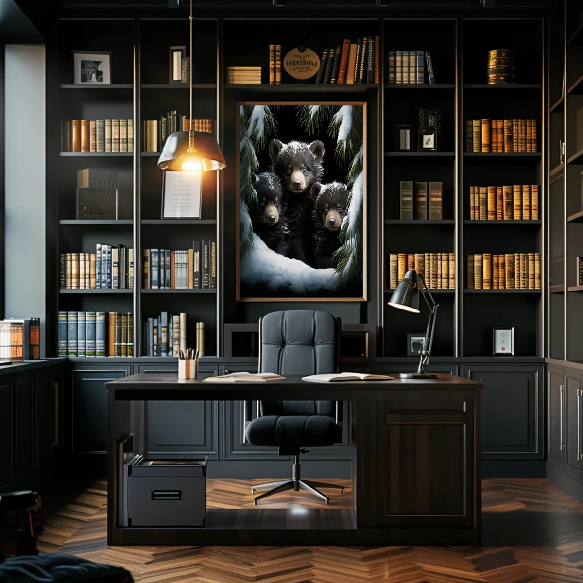 Bear Cubs in Snowy Forest Photorealistic Poster