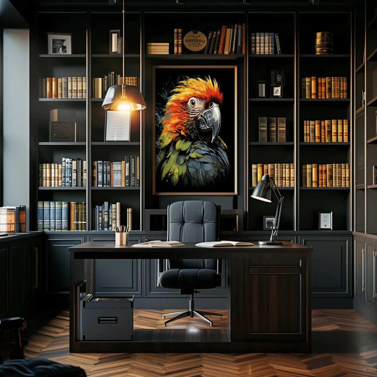 The poster features a striking, stylized illustration of a parrot. The bird is Travel Poster