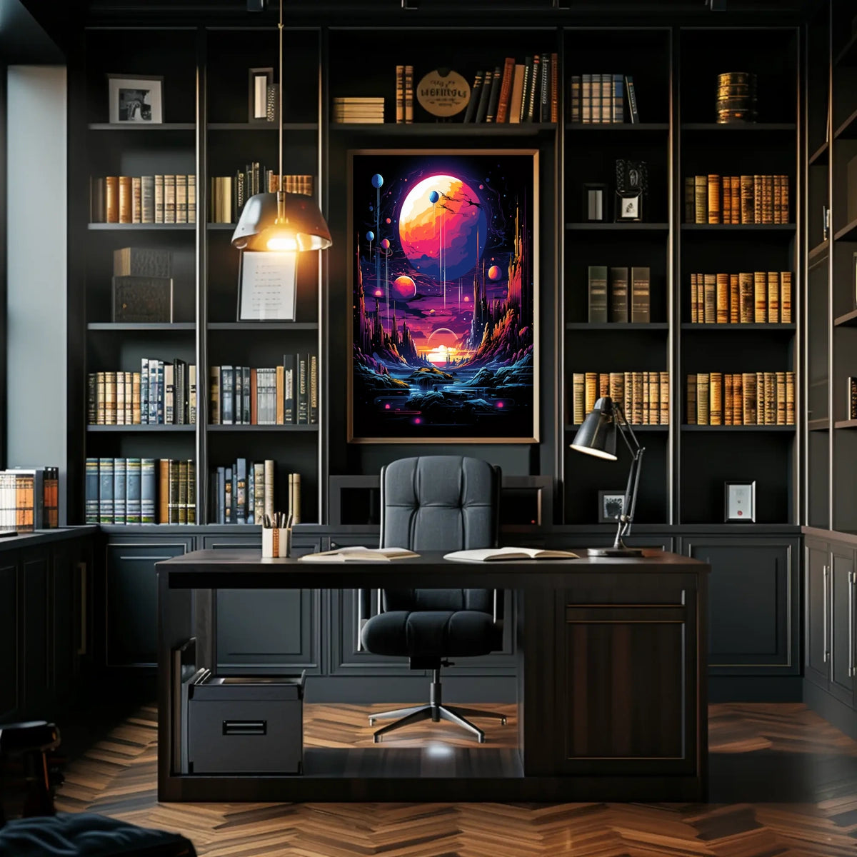 The poster features a vibrant and surreal sci-fi landscape. The core subject is Travel Poster