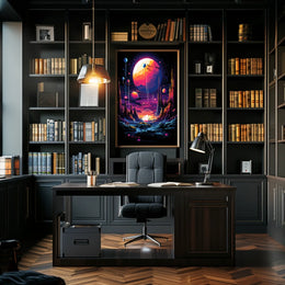 The poster features a vibrant and surreal sci-fi landscape. The core subject is Travel Poster