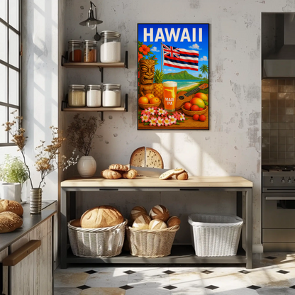 Hawaii Flag Fruits Tiki Beer Music Travel Poster