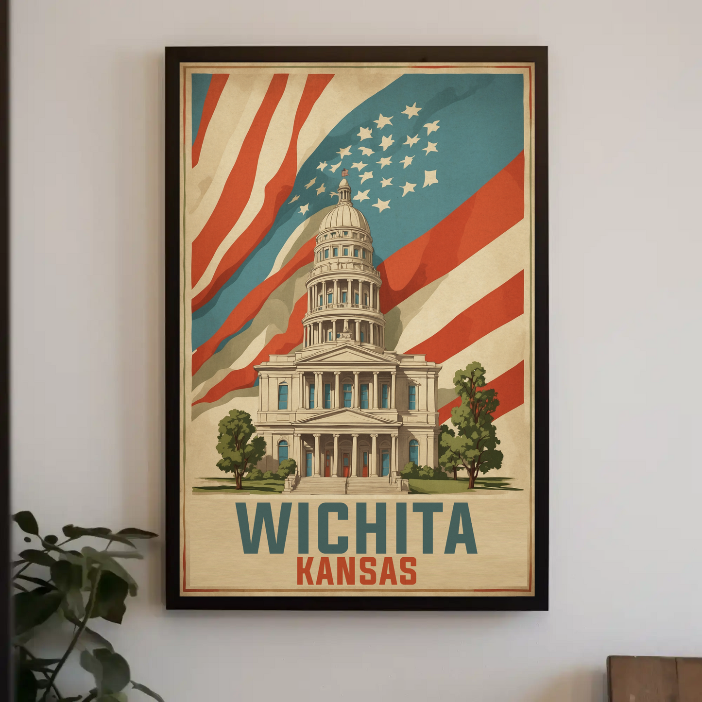 Wichita Kansas State Capitol And Flag Vintage Travel Poster