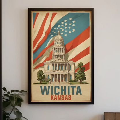 Wichita Kansas State Capitol And Flag Vintage Travel Poster