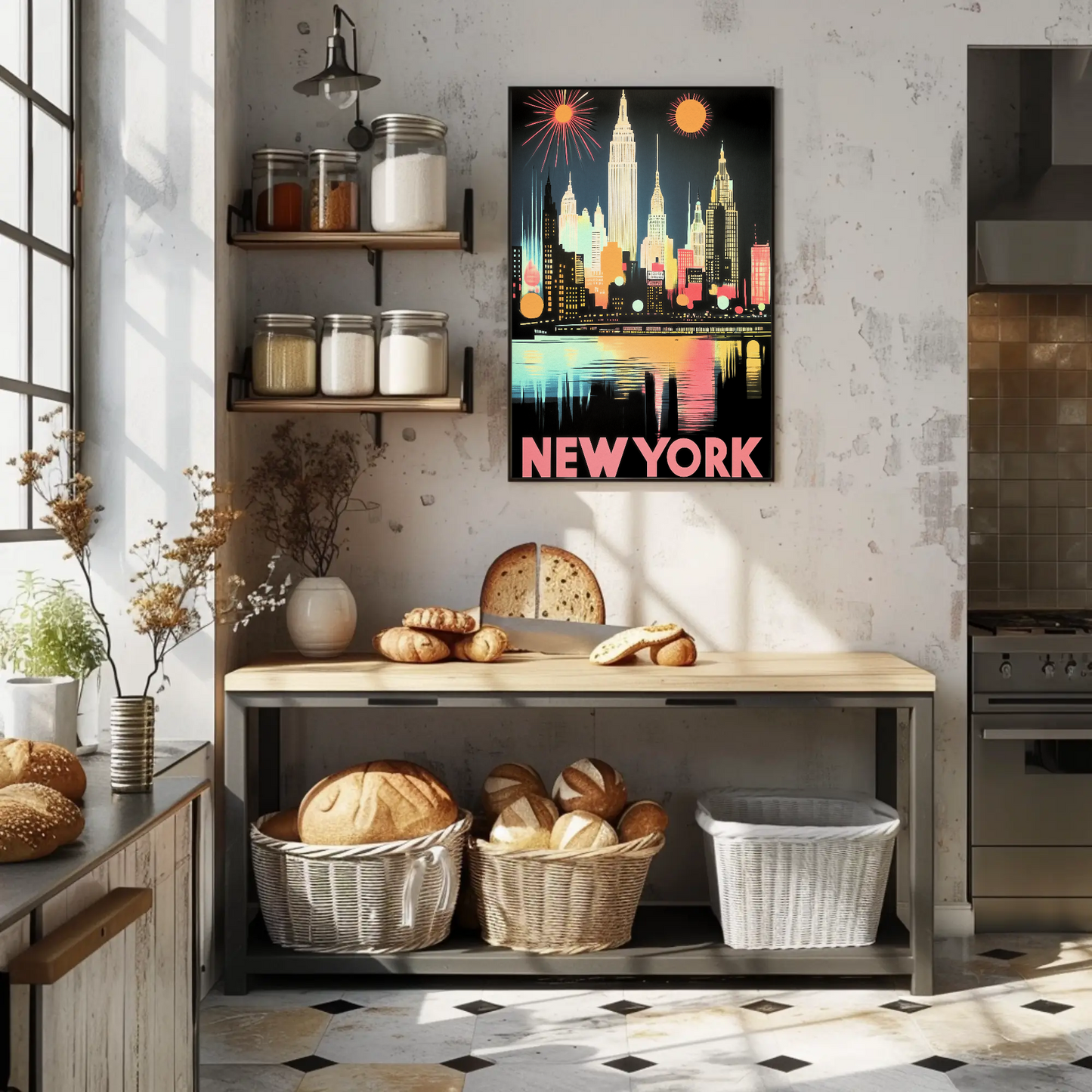 New York Night Skyline Neon Glow Lights Poster