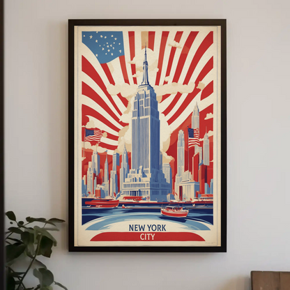 New York Empire Skyline Flags Vintage Travel Poster