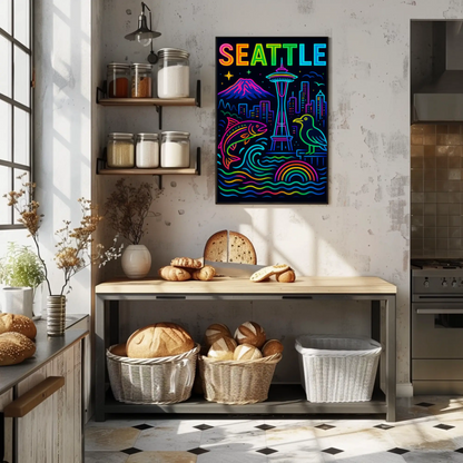 Seattle Washington Space Needle Neon Skyline Poster Poster
