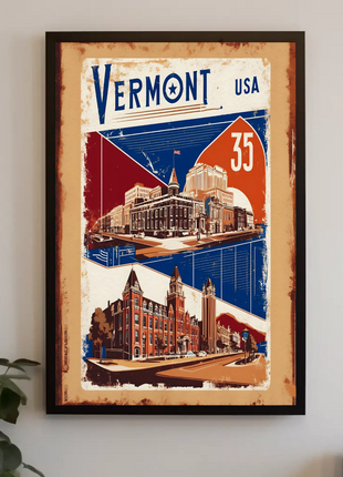 Vermont USA Historic Red Brick Skyline Travel Poster