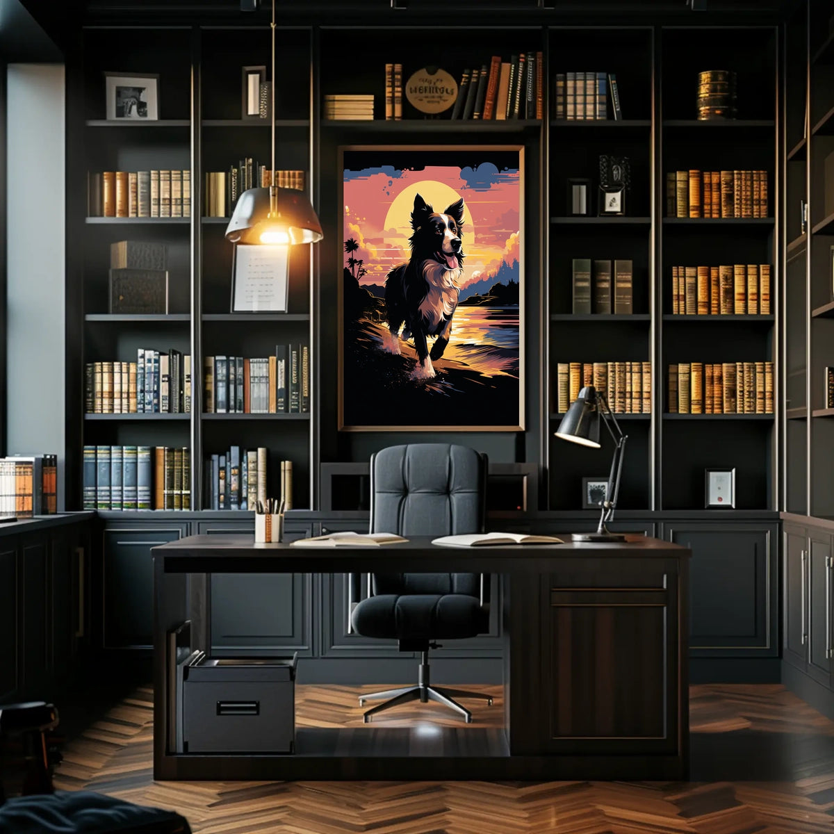 Running Dog at Sunset Shoreline Animal Poster