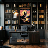 Running Dog at Sunset Shoreline Animal Poster