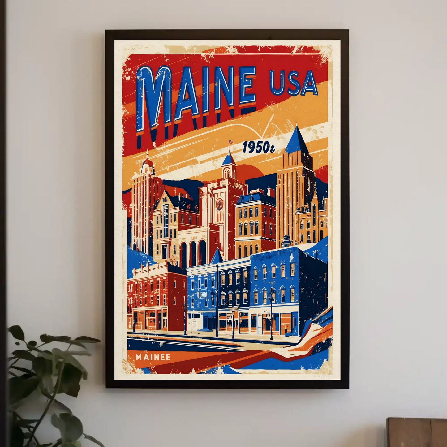Maine USA 1950s Seaside Townscape Vintage Maroon Travel Poster