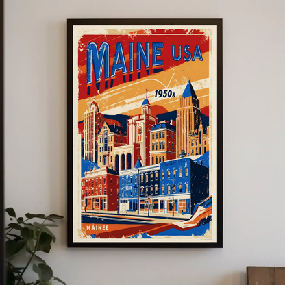 Maine USA 1950s Seaside Townscape Vintage Maroon Travel Poster