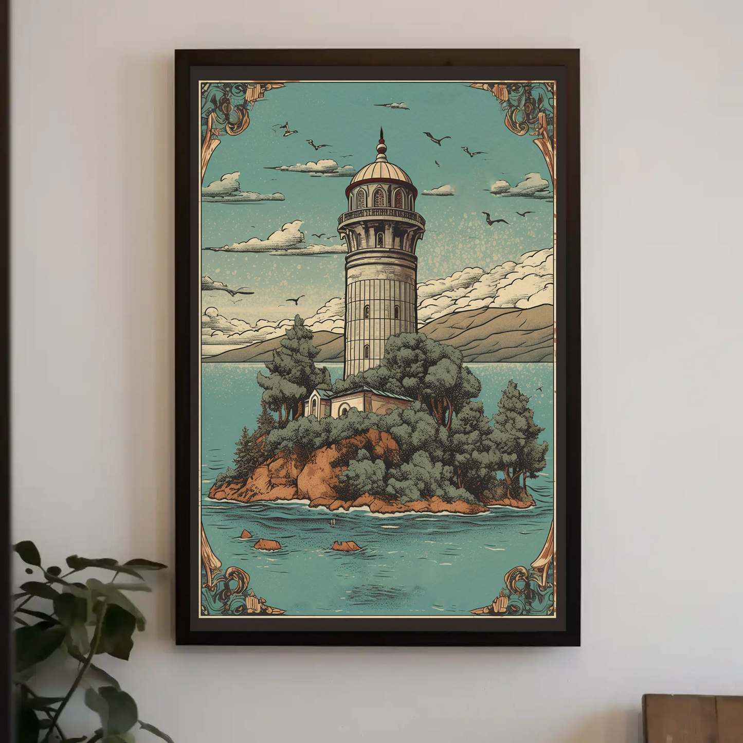Lighthouse Island Retreat Vintage Travel Poster