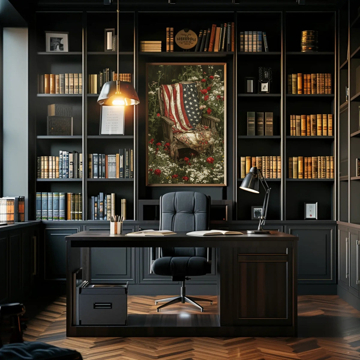 rustic garden chair with an old American flag draped Poster