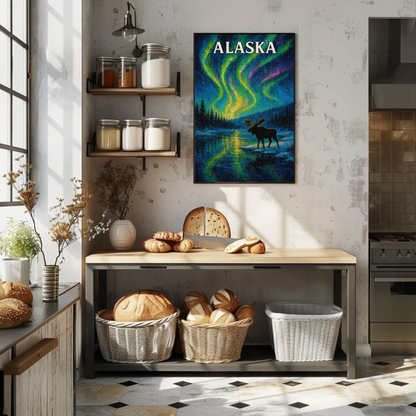 Alaska Aurora Borealis Moose Night Sky Travel Poster