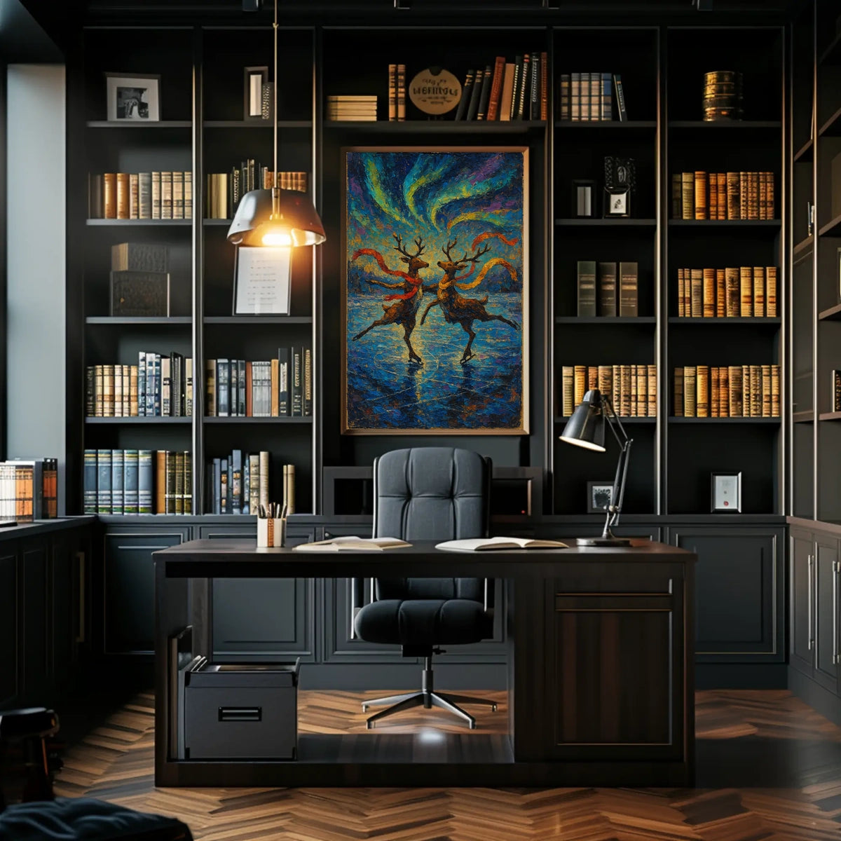 Vibrant Reindeer Skating Aurora Borealis Artistic Poster