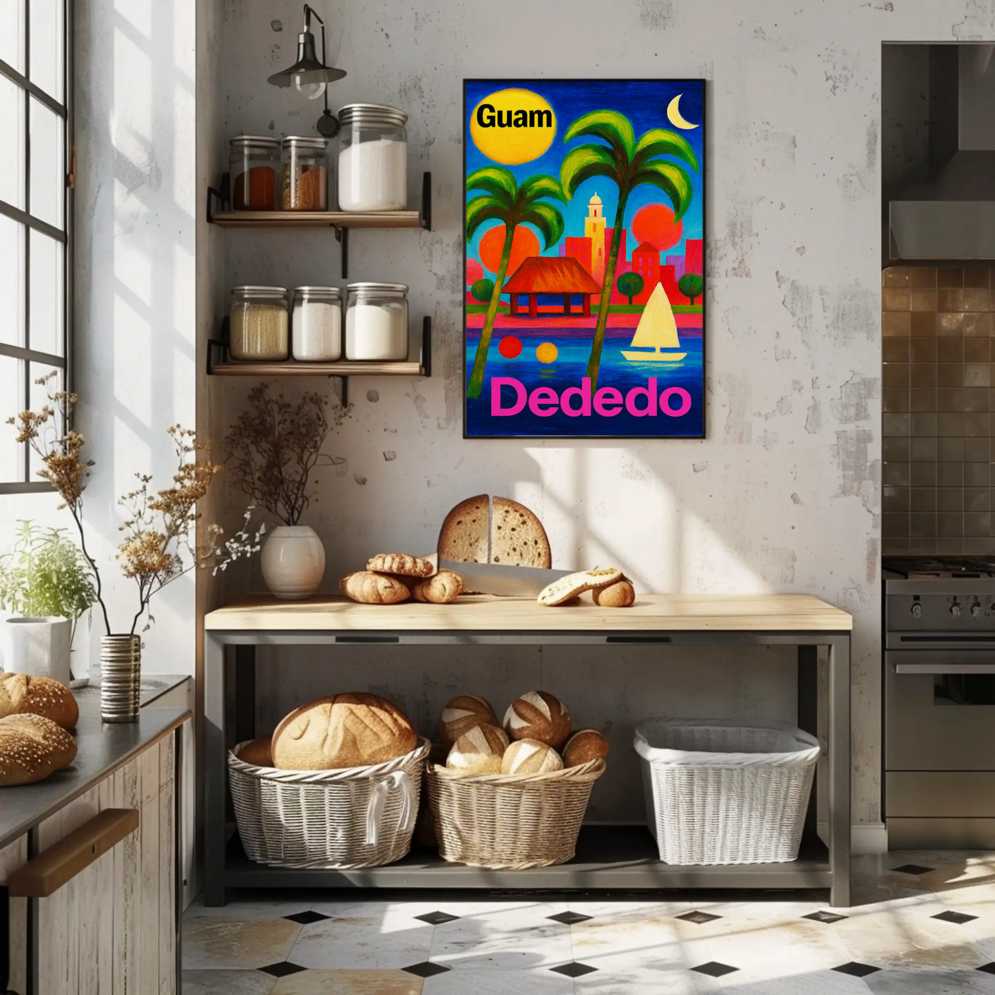Dededo Guam Colorful Skyline Moonlight Travel Poster