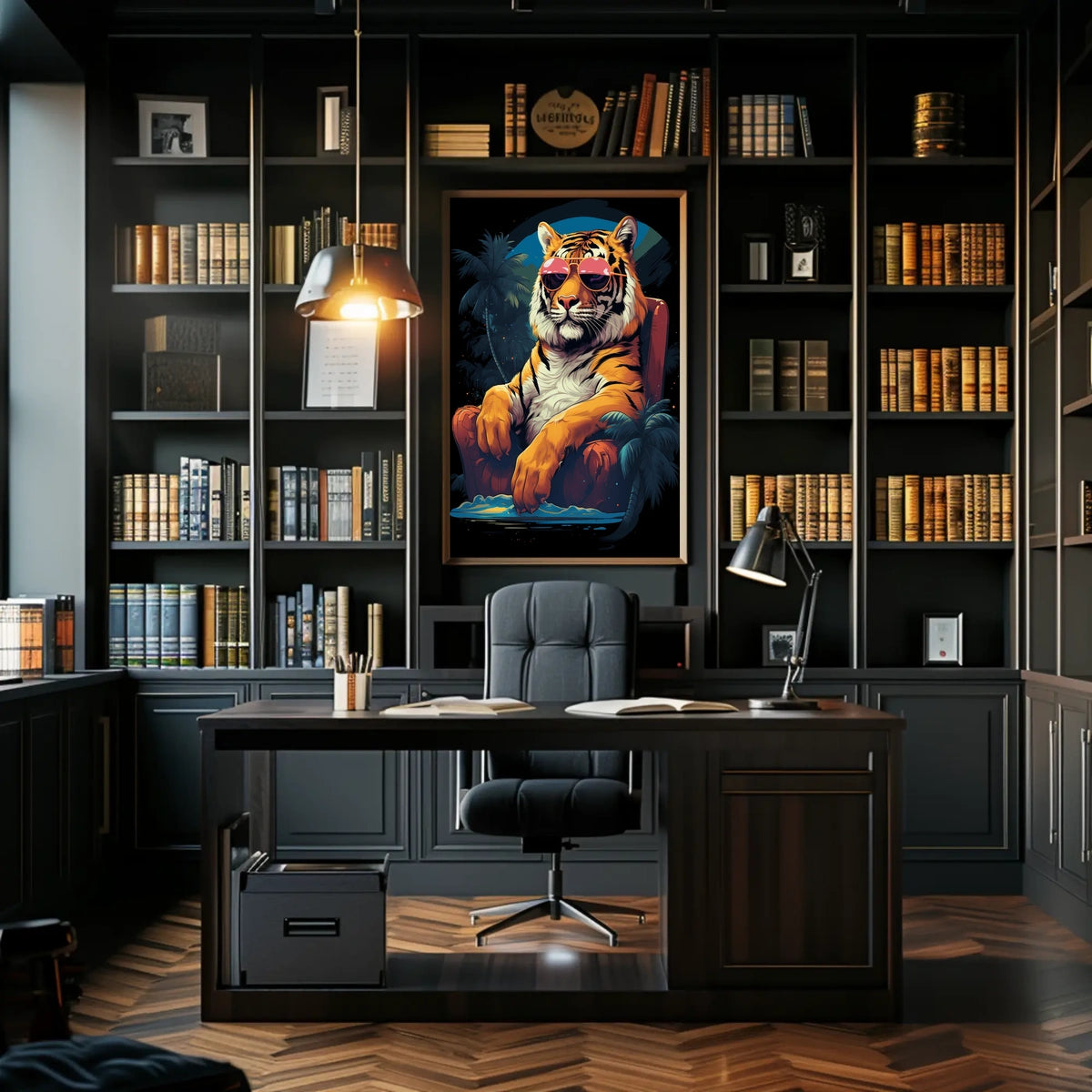 Tiger on Chair with Sunglasses - Animal Poster