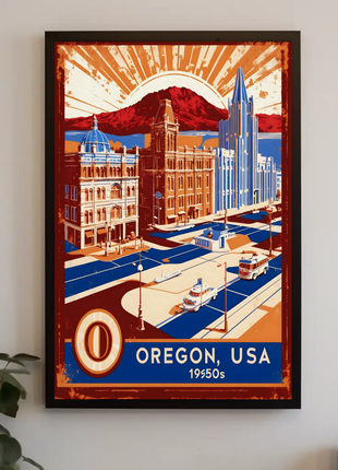 Oregon USA 1950s Coastal Cityscape Vintage Travel Poster