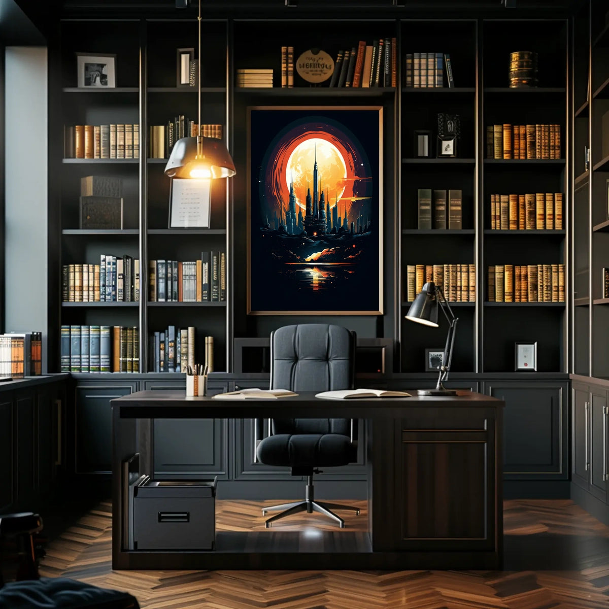 Futuristic Cityscape Under a Full Moon Poster