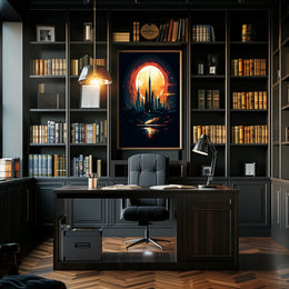 Futuristic Cityscape Under a Full Moon Poster
