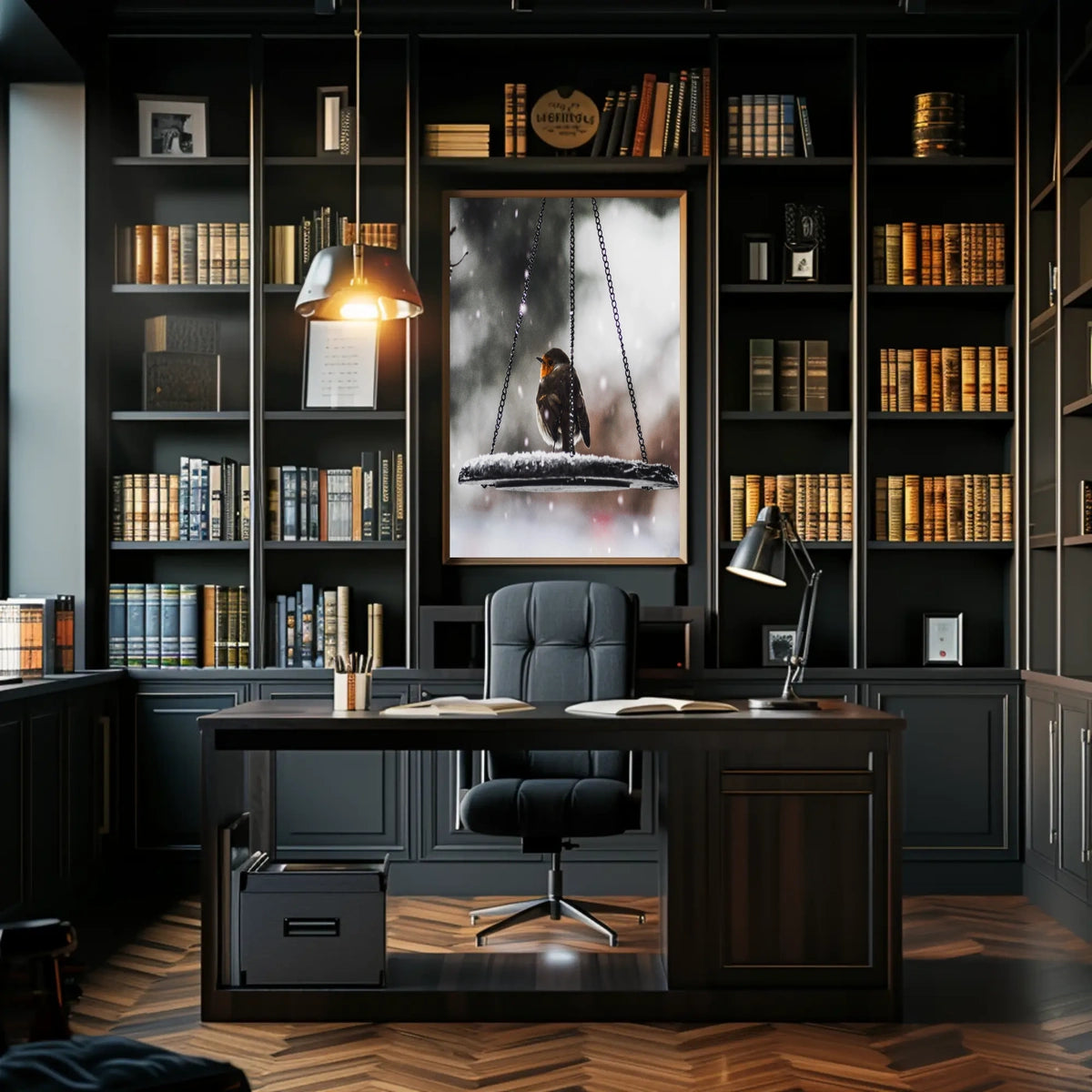 Winter Serenity: Bird on Swing Animal Poster