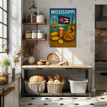 Mississippi River Guitar Beer Catfish Corn Flag Travel Poster