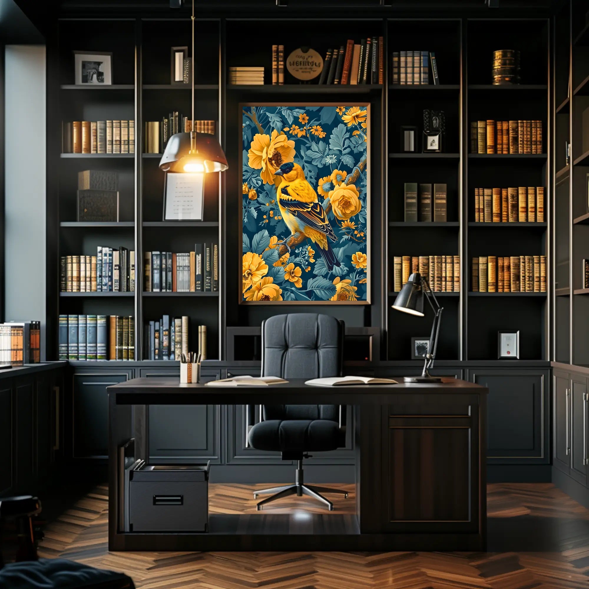 Golden Songbird Wall Art Amidst Blossoms