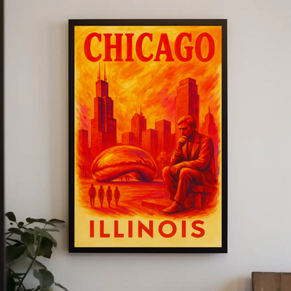 Chicago Skyline Bean Statue Modern Red Vintage Travel Poster Wall Art